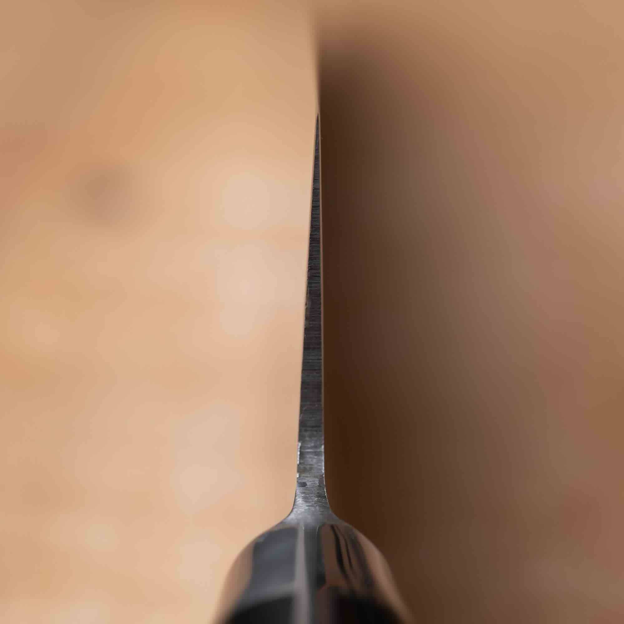 Close-up of a knife blade against a blurred background